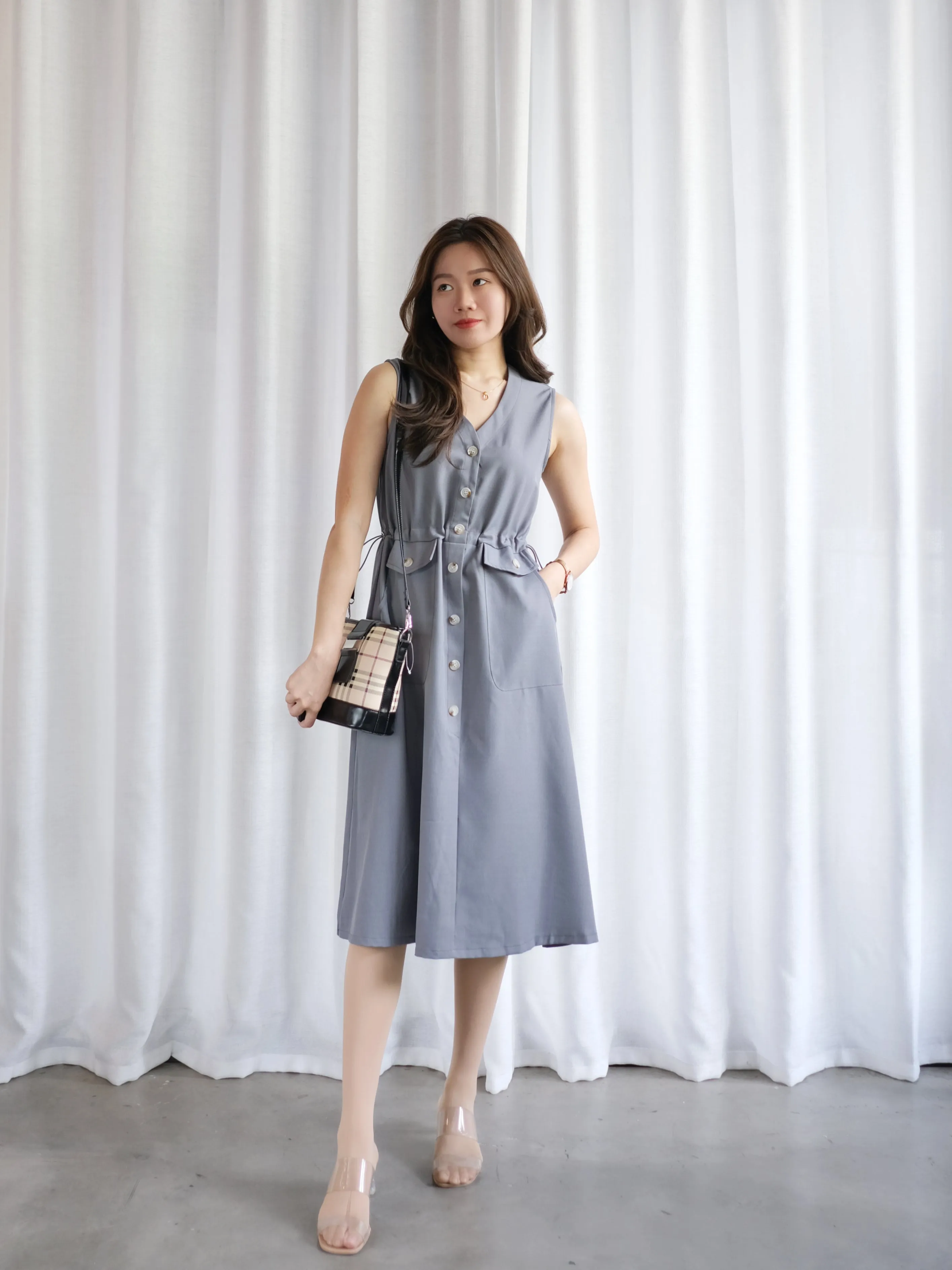 ACEWIN Double Flap Pockets Buttoned Front Tie Waist Dress (Free Size) 703249