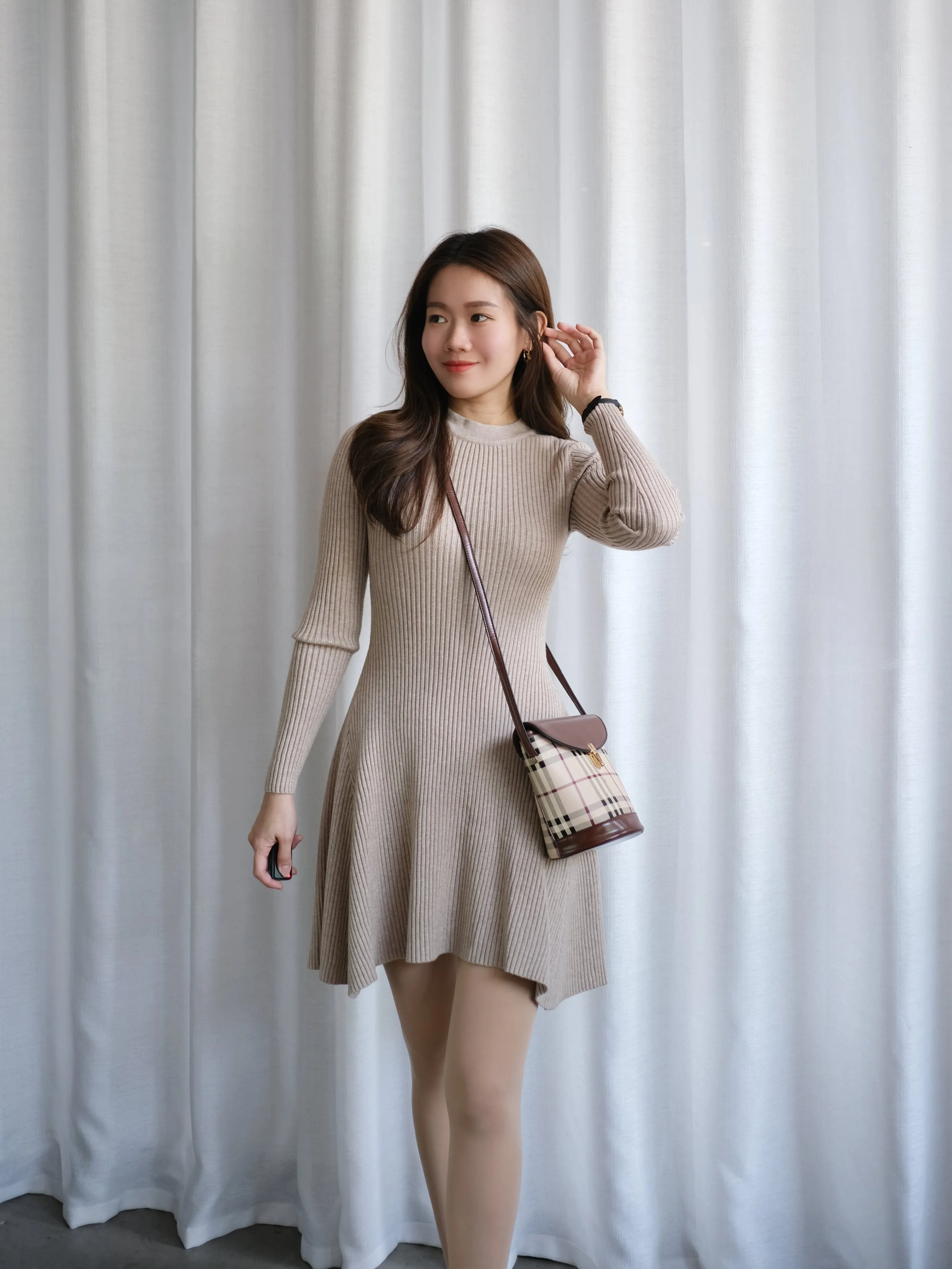 ACEWIN Long Sleeve Asymmetrical Knit Dress (Free Size) 703255