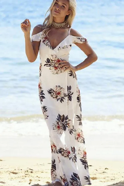 Bear Shoulder Spaghetti Straps V-neck Split Long Print Beach Dress