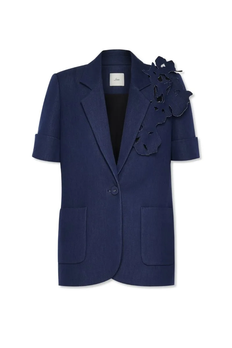 BLACK 3D APPLIQUE FLORAL HALF SLEEVE BLAZER