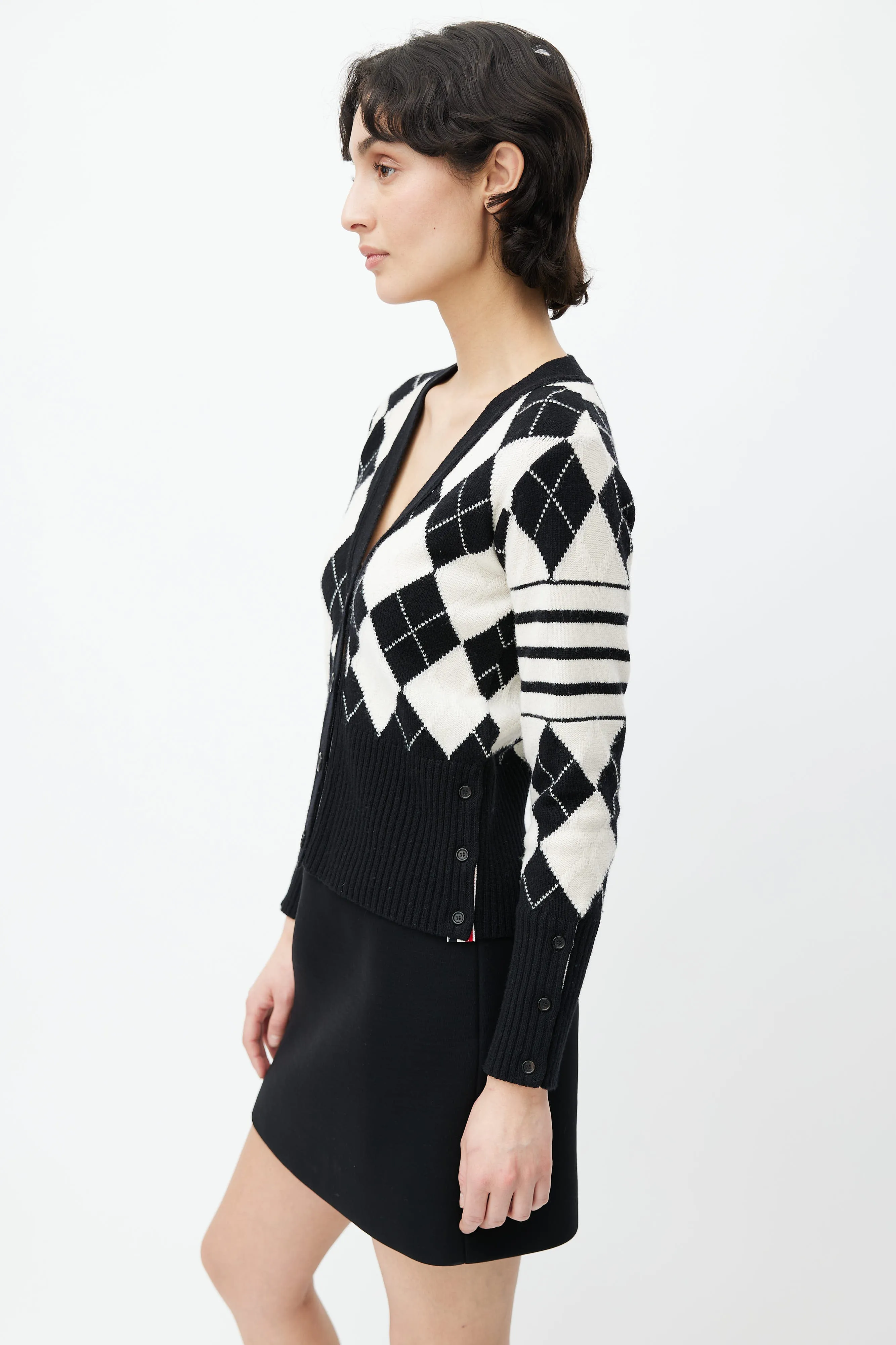 Black & Cream Wool Argyle Pattern Cardigan