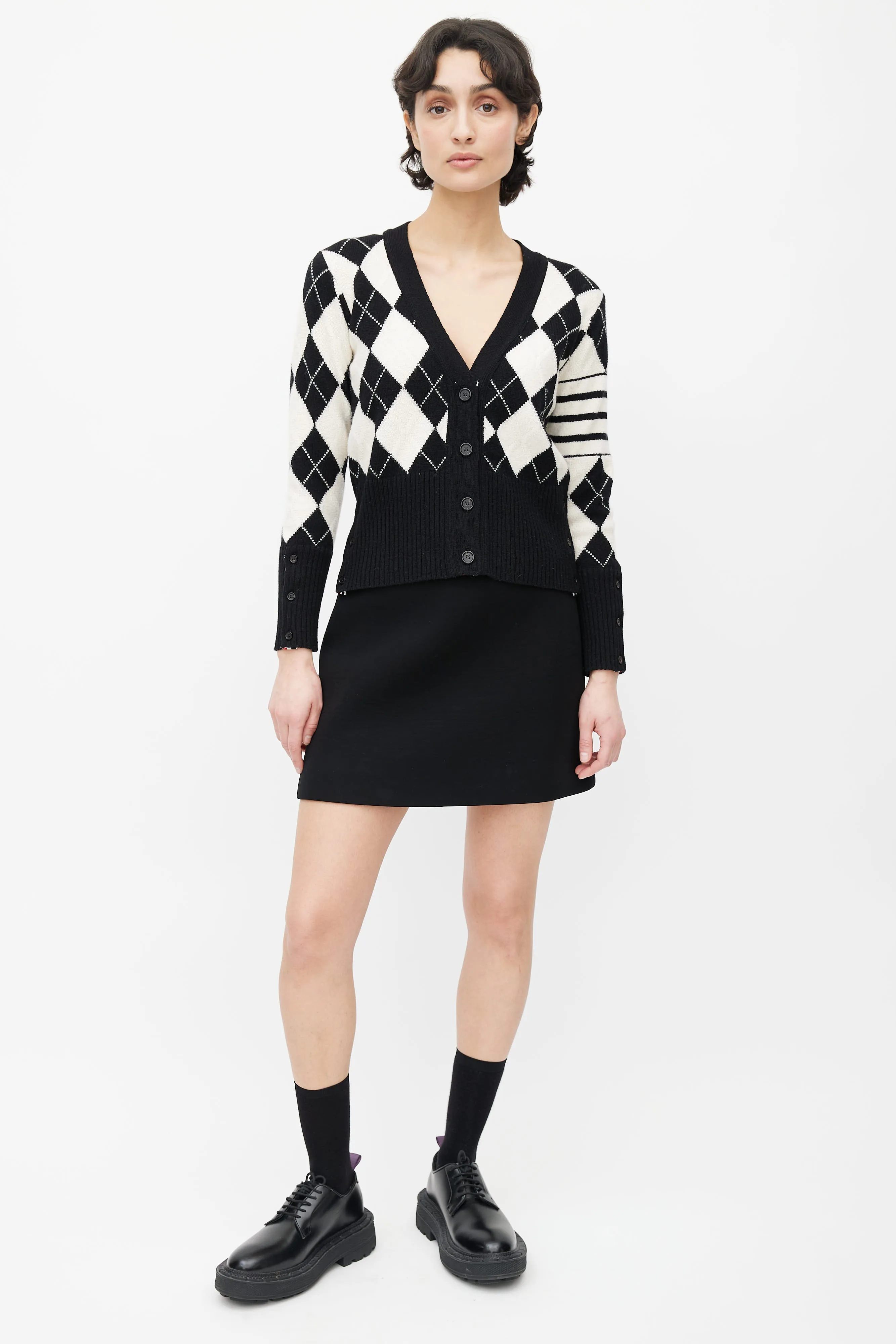 Black & Cream Wool Argyle Pattern Cardigan