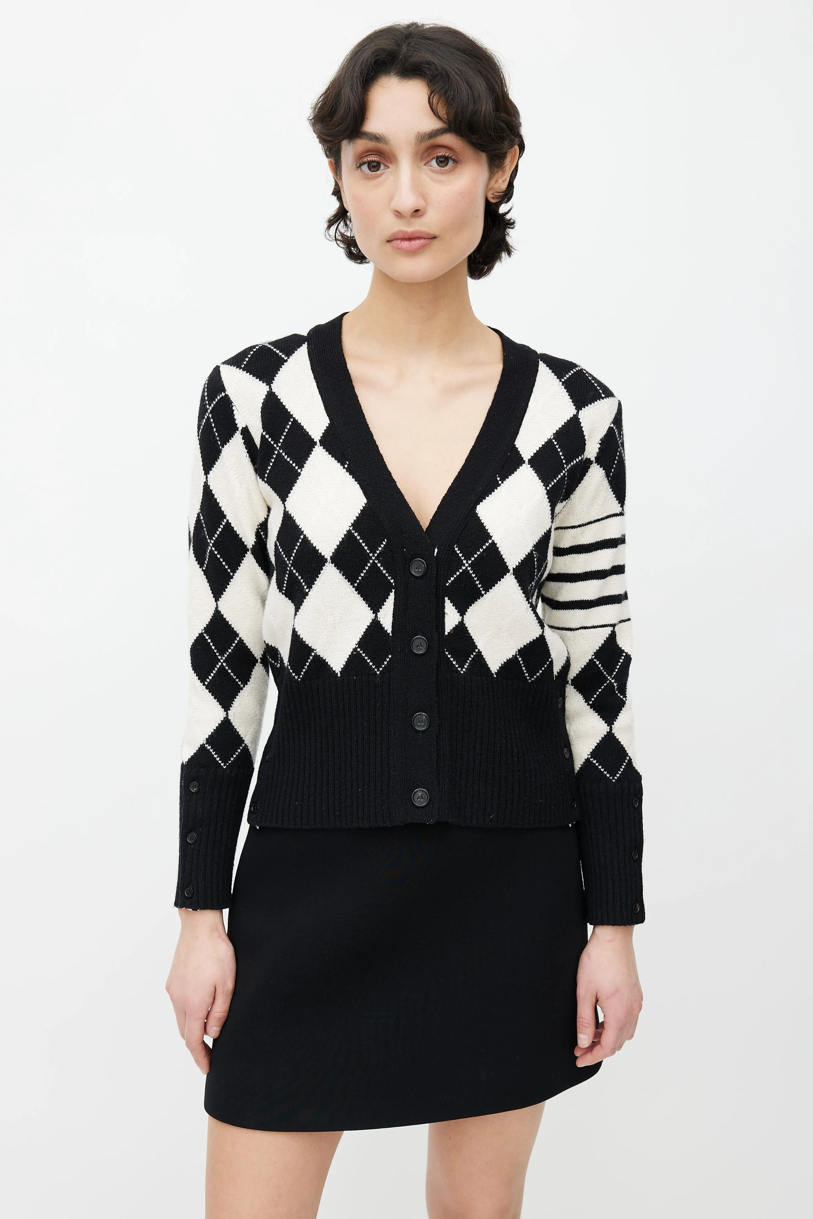 Black & Cream Wool Argyle Pattern Cardigan