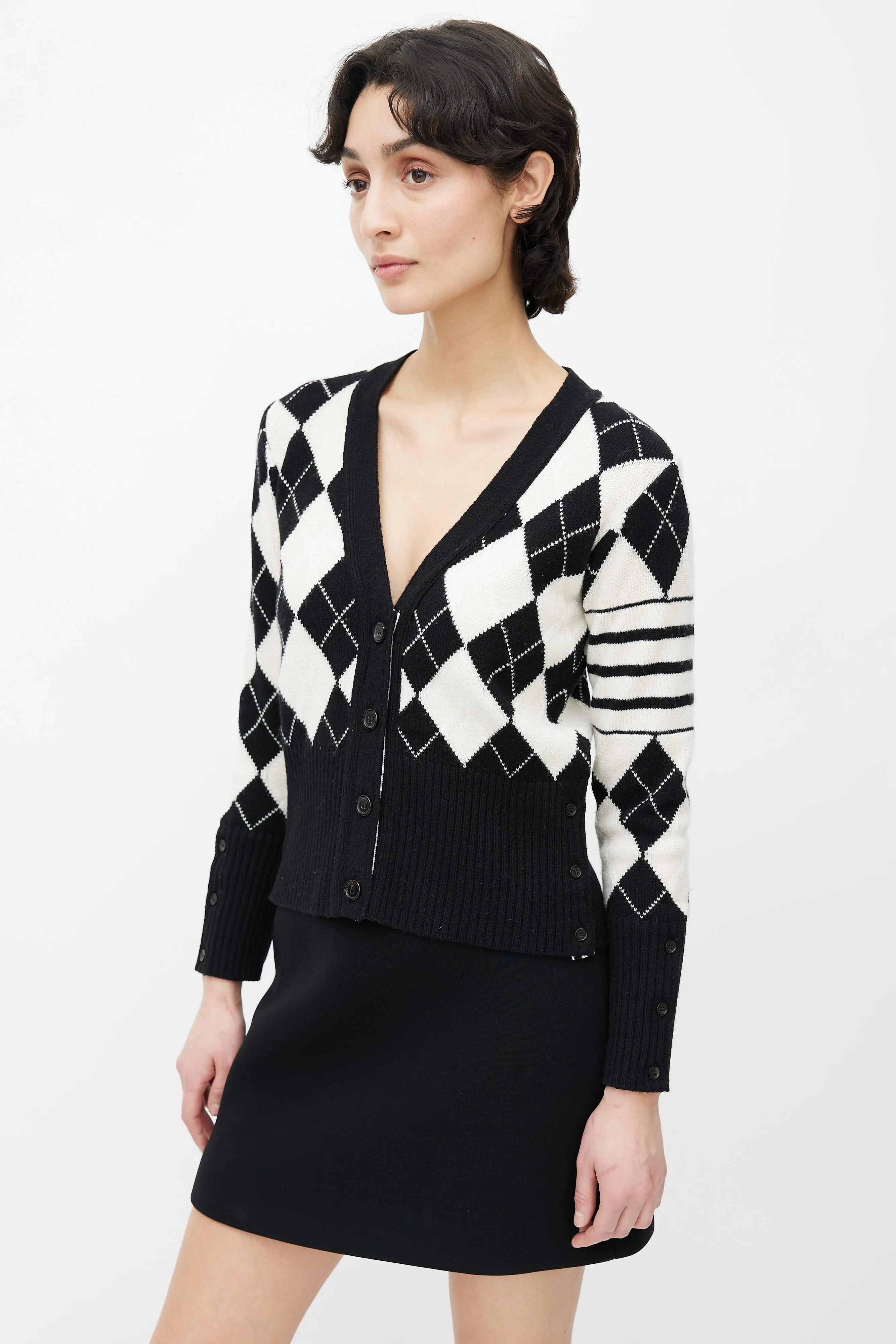 Black & Cream Wool Argyle Pattern Cardigan