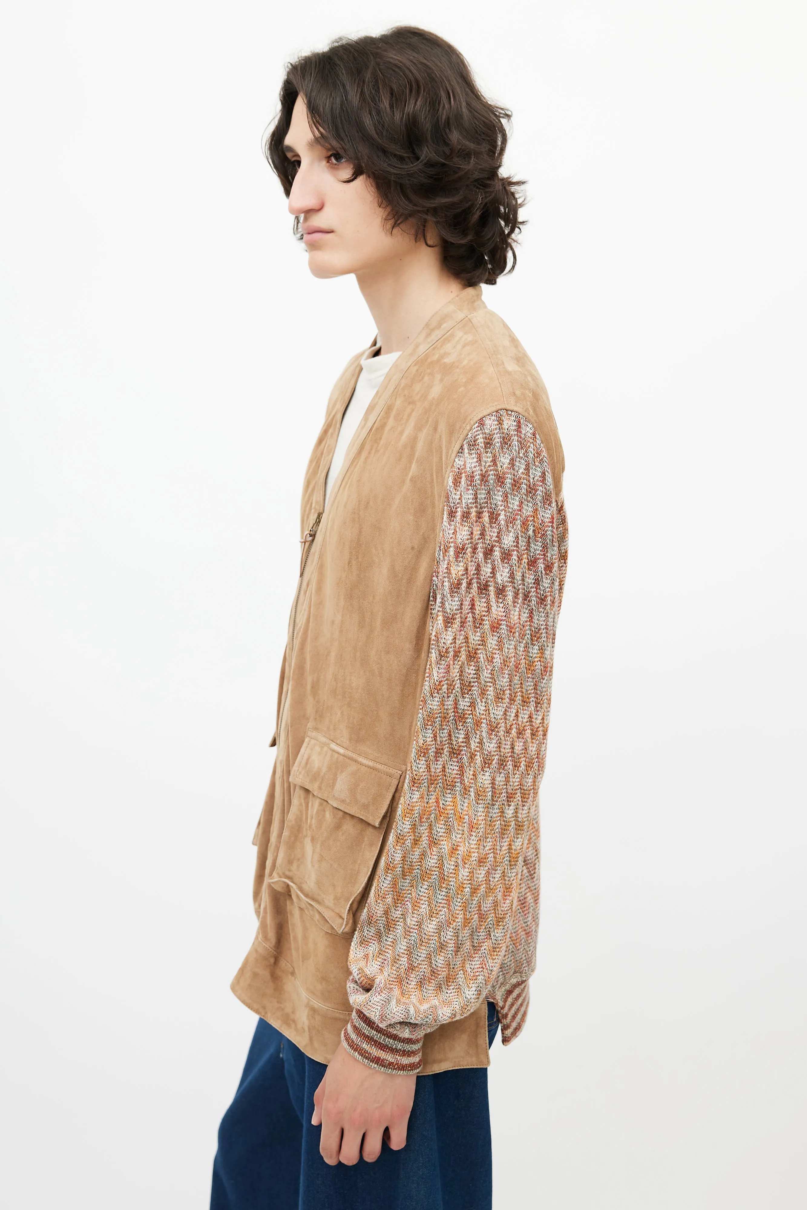 Brown & Multicolour Suede Knit Cardigan