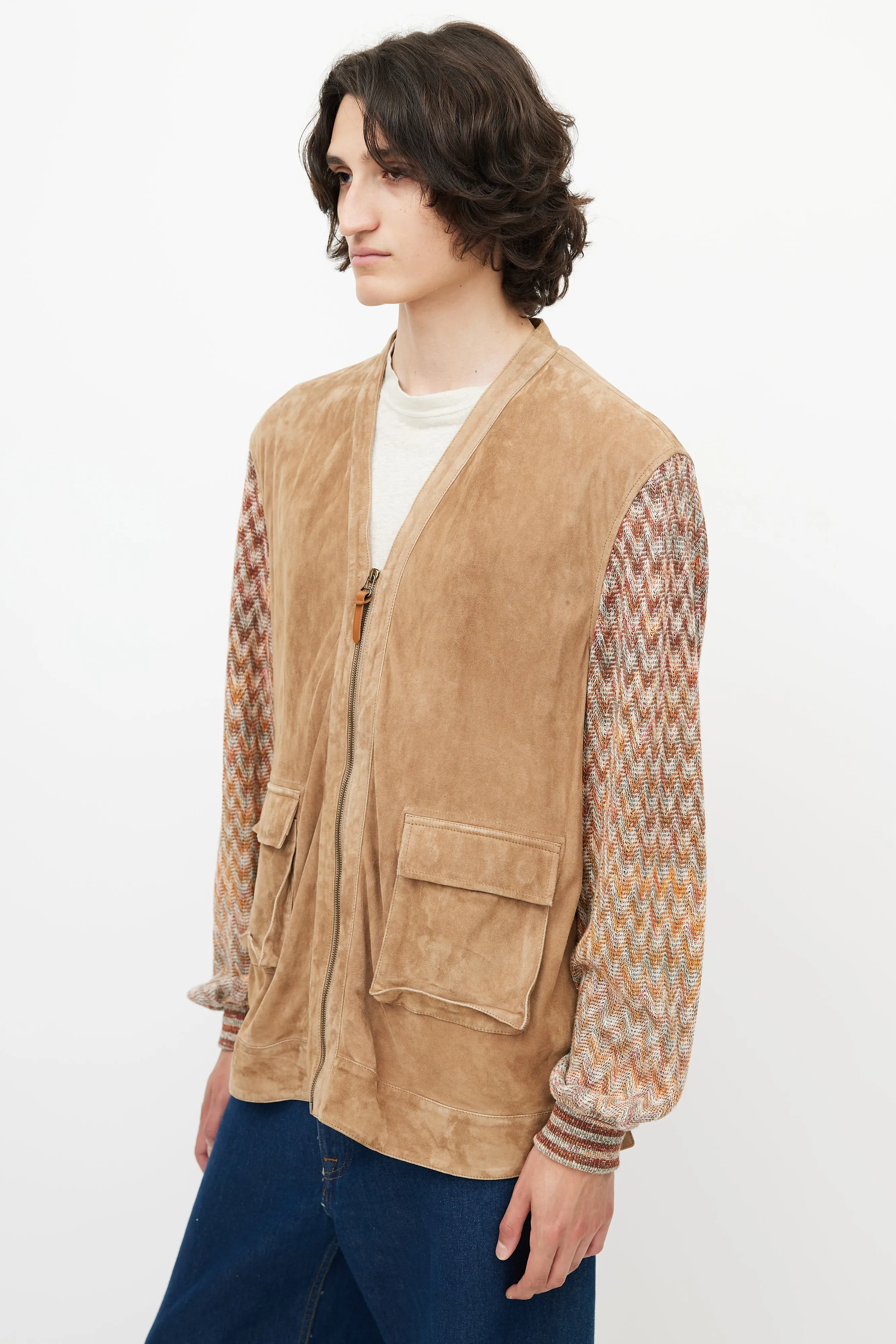 Brown & Multicolour Suede Knit Cardigan