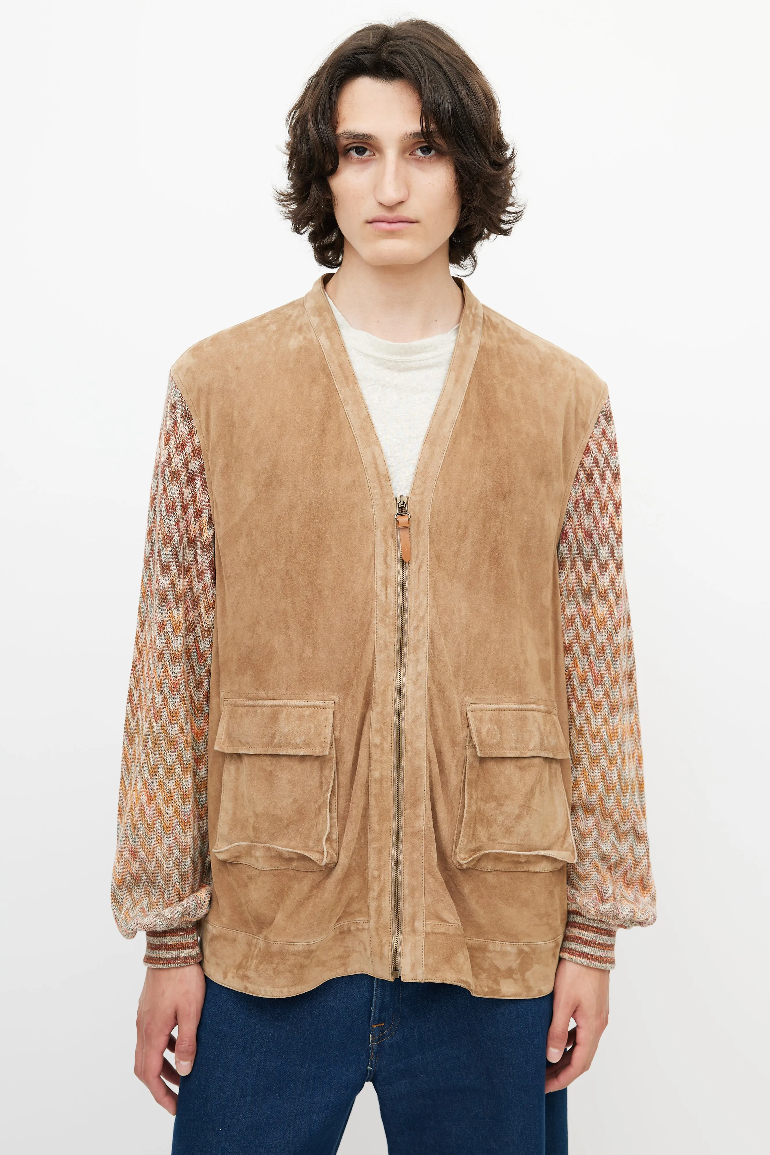 Brown & Multicolour Suede Knit Cardigan