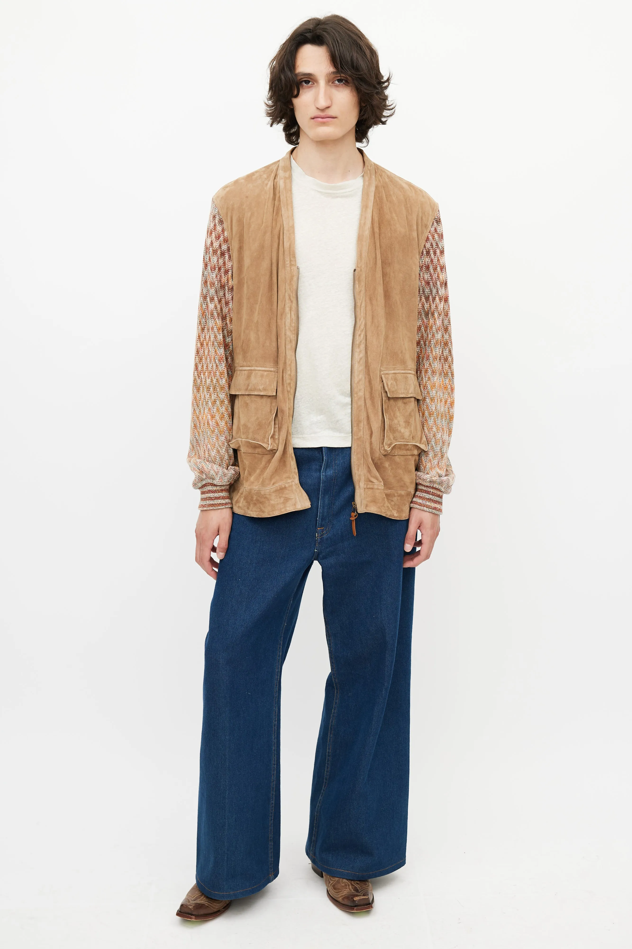 Brown & Multicolour Suede Knit Cardigan