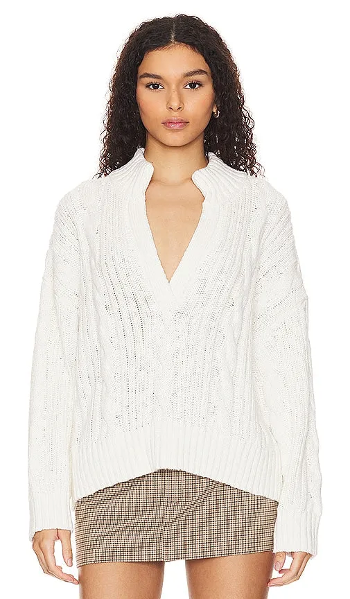 Denimist Split Neck Cable Sweater in White