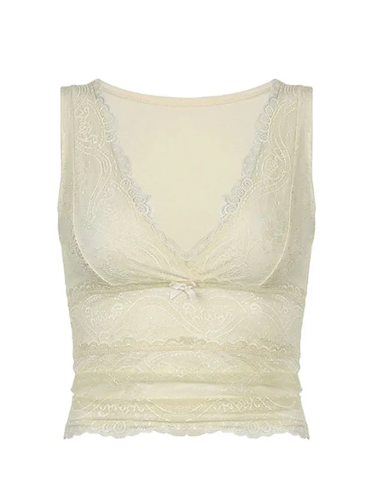 FashionSierra - 2024 Lace Floral Summer Party Clubwear Sleeveless V-neck Slim Fit Solid Cropped  Crop Tops