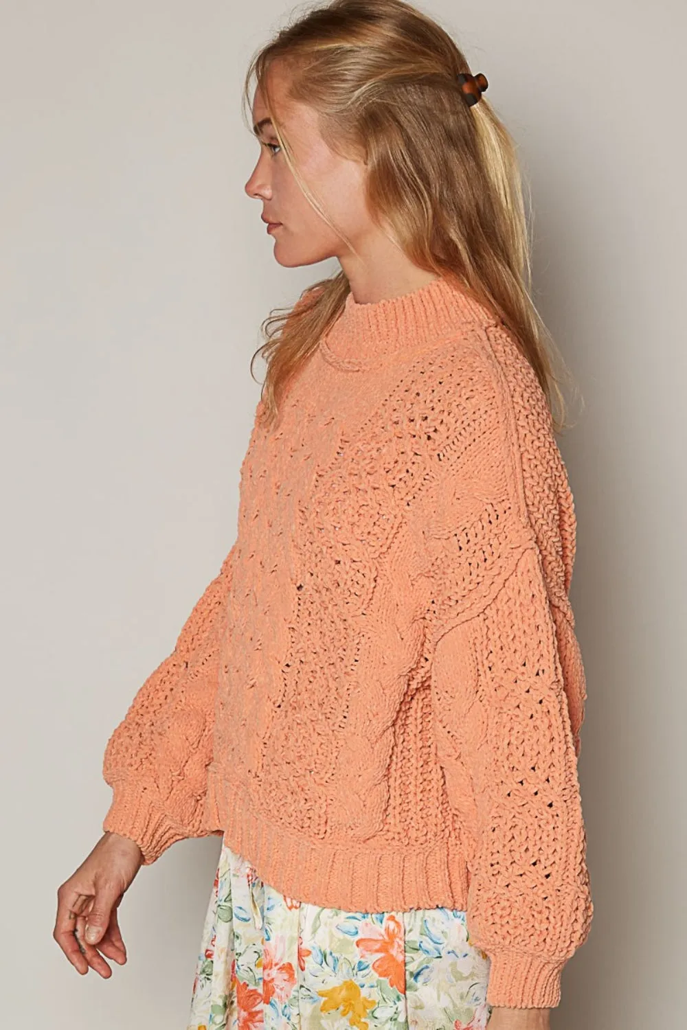 Polly Coral Mock Neck Cable Knit Sweater