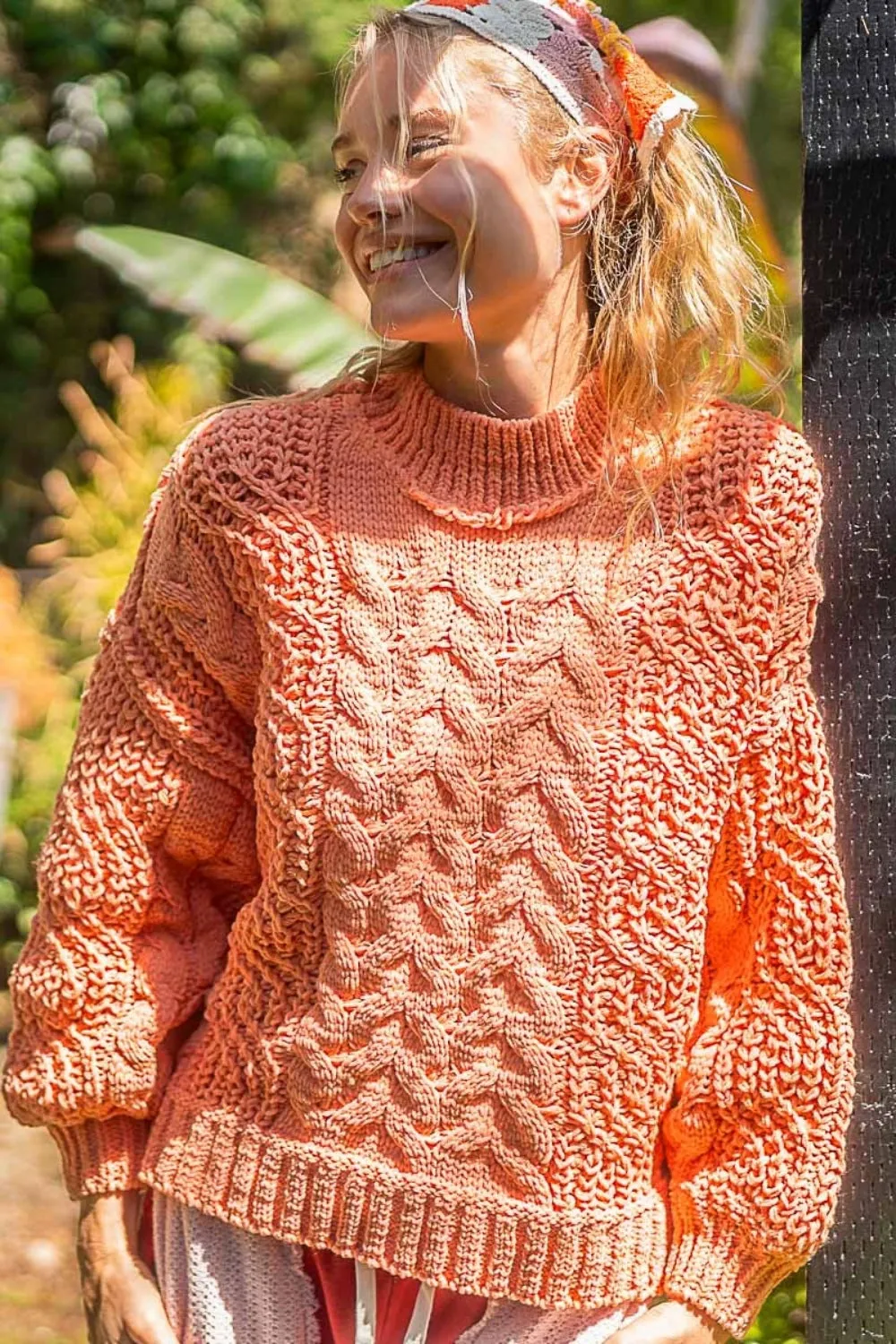 Polly Coral Mock Neck Cable Knit Sweater