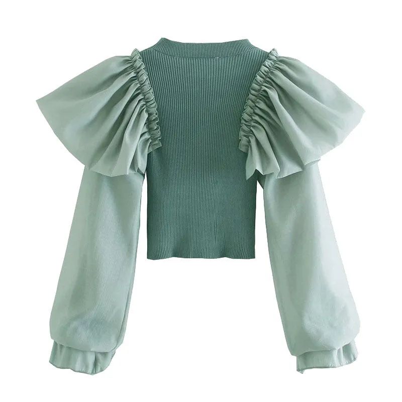 RUFFLE PATCHWORK CROPPED KNITTED BLOUSE