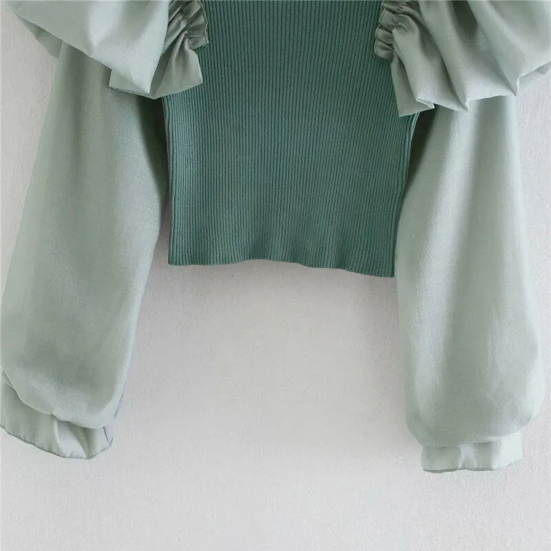 RUFFLE PATCHWORK CROPPED KNITTED BLOUSE