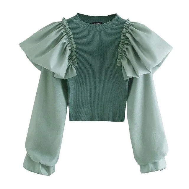 RUFFLE PATCHWORK CROPPED KNITTED BLOUSE