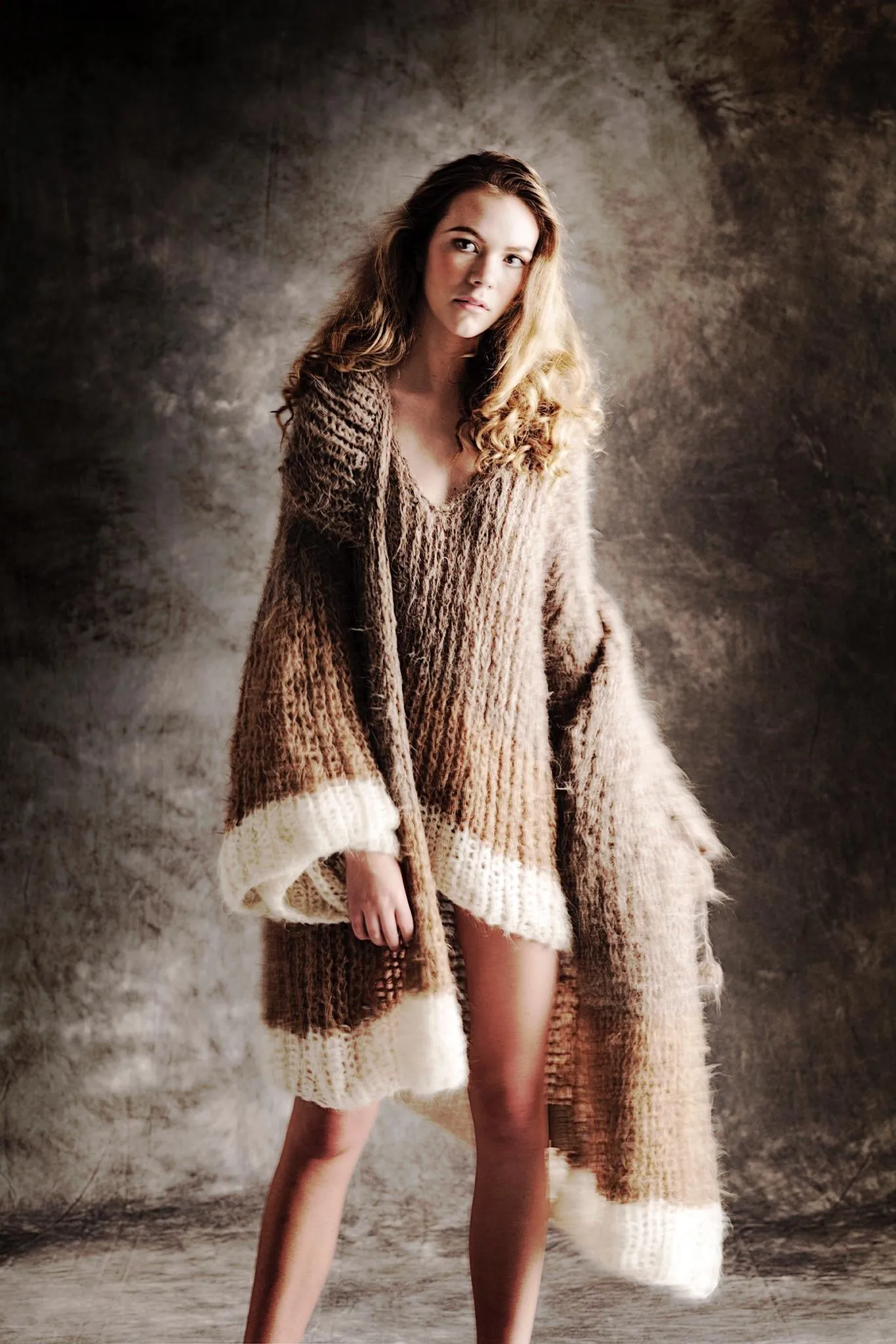 Shawl collar handknit cardigan (alpaca) - tri colour earth