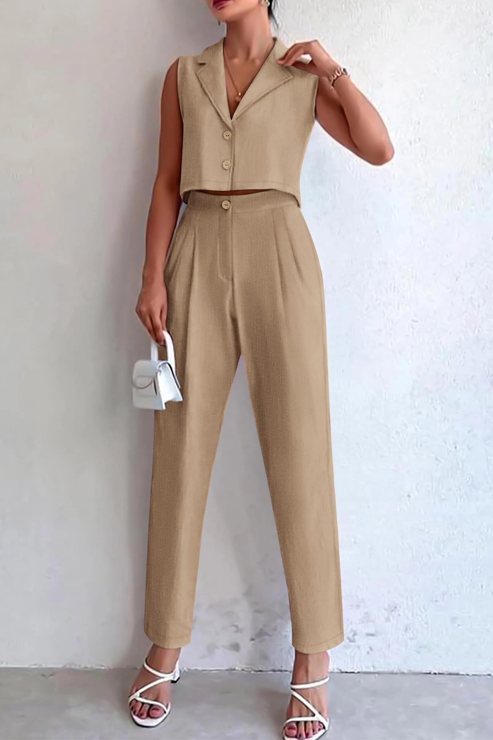 V Neck Cropped Vest Tops High Waisted Pants Suit Set