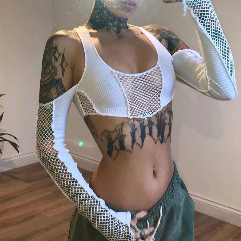 Y2K Netz Crop Top mit langen Ärmeln