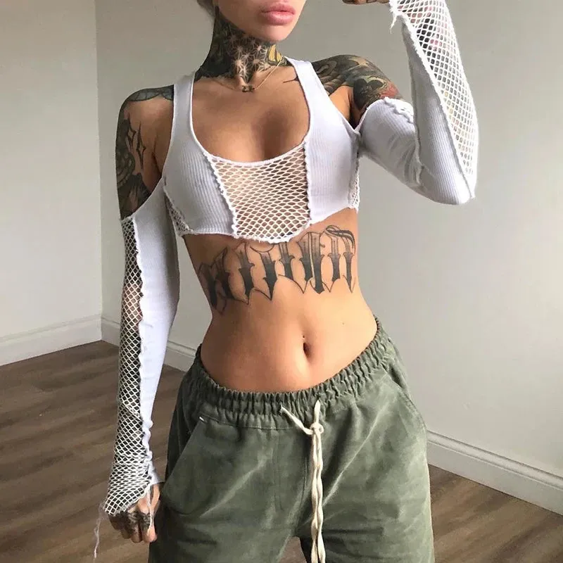 Y2K Netz Crop Top mit langen Ärmeln